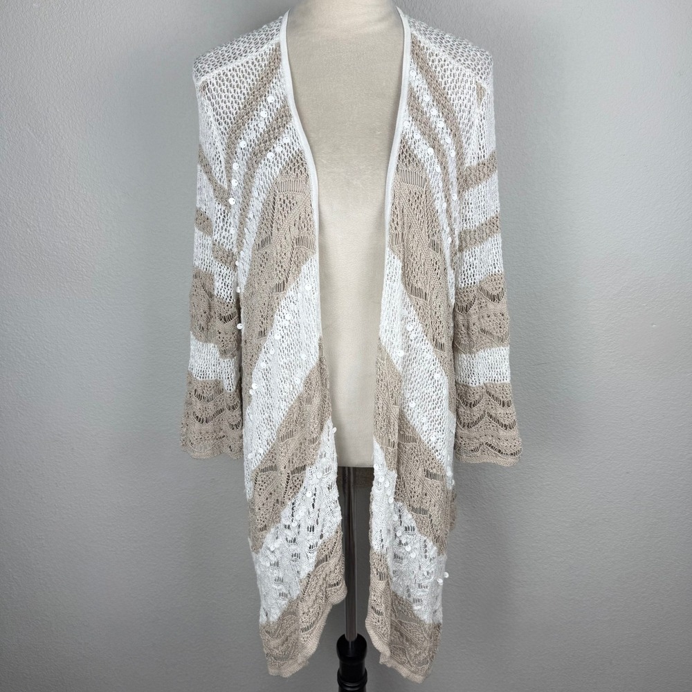 Chicos Womens White Tan Striped Sequin Pointelle Open Front Cardigan Size 1 Med